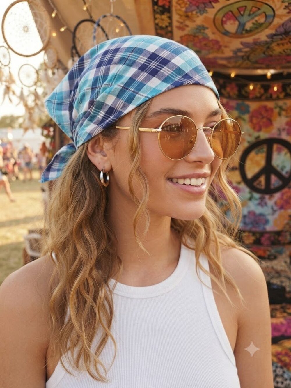 Blue Plaid Cotton Bandana Head Scarf Hair Accessory Festival EUC